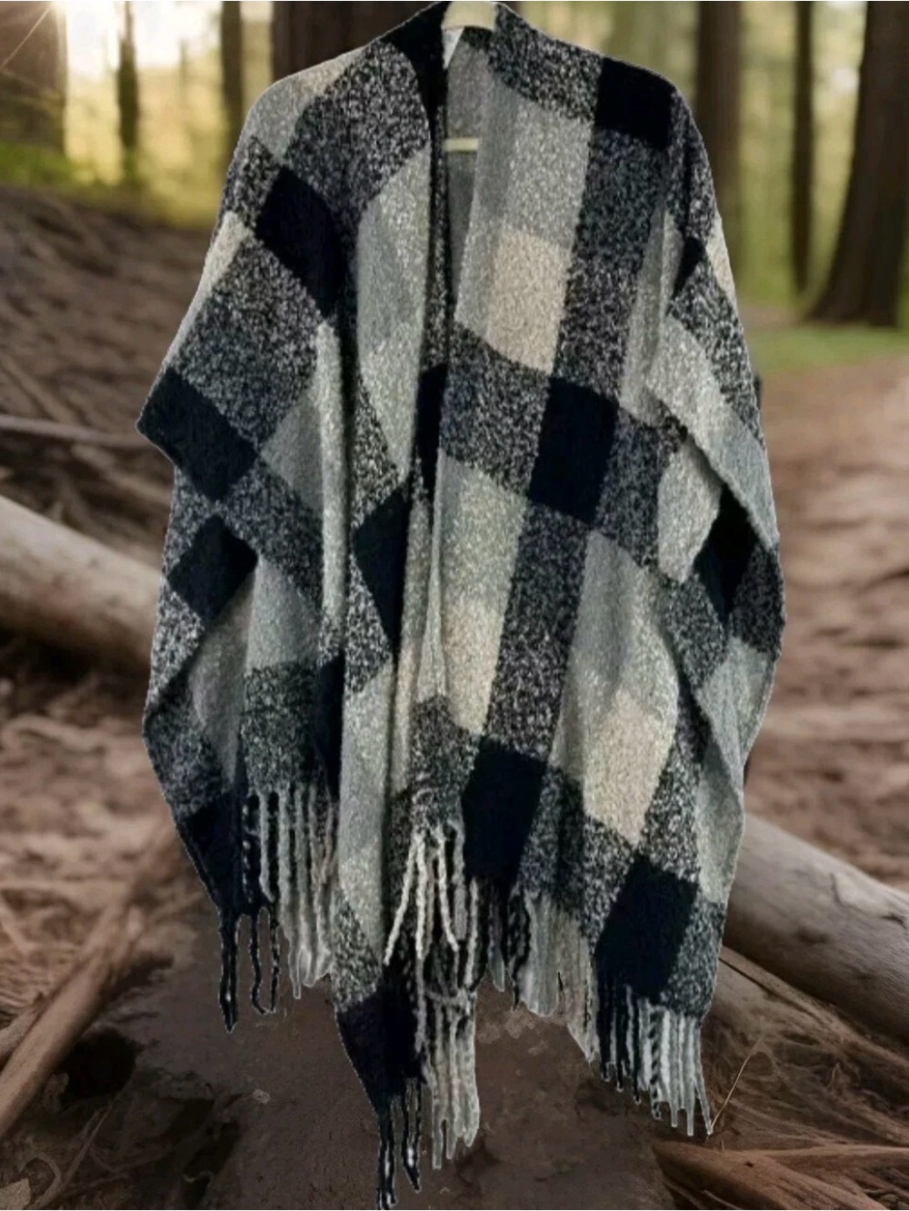 Woolrich Black and Gray Plaid Fringe Sweater Wrap